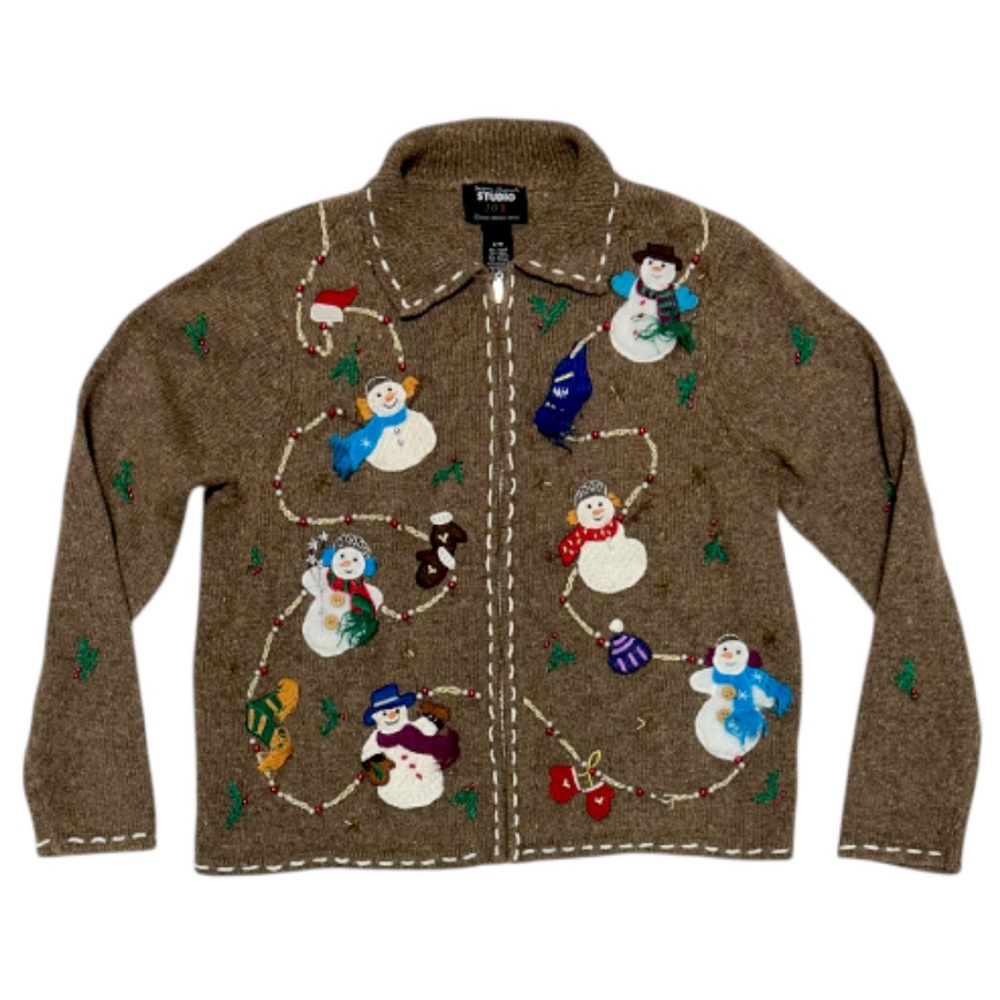 Vintage 90s Studio Joy Embroidered Snowman Ugly Christmas Cardigan Sweater Sz PM